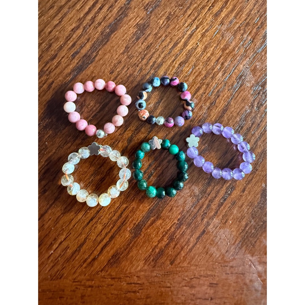 Set of 5 Beaded Stretch Rings Natural Stone Style Boho Flower Charms Multi Color